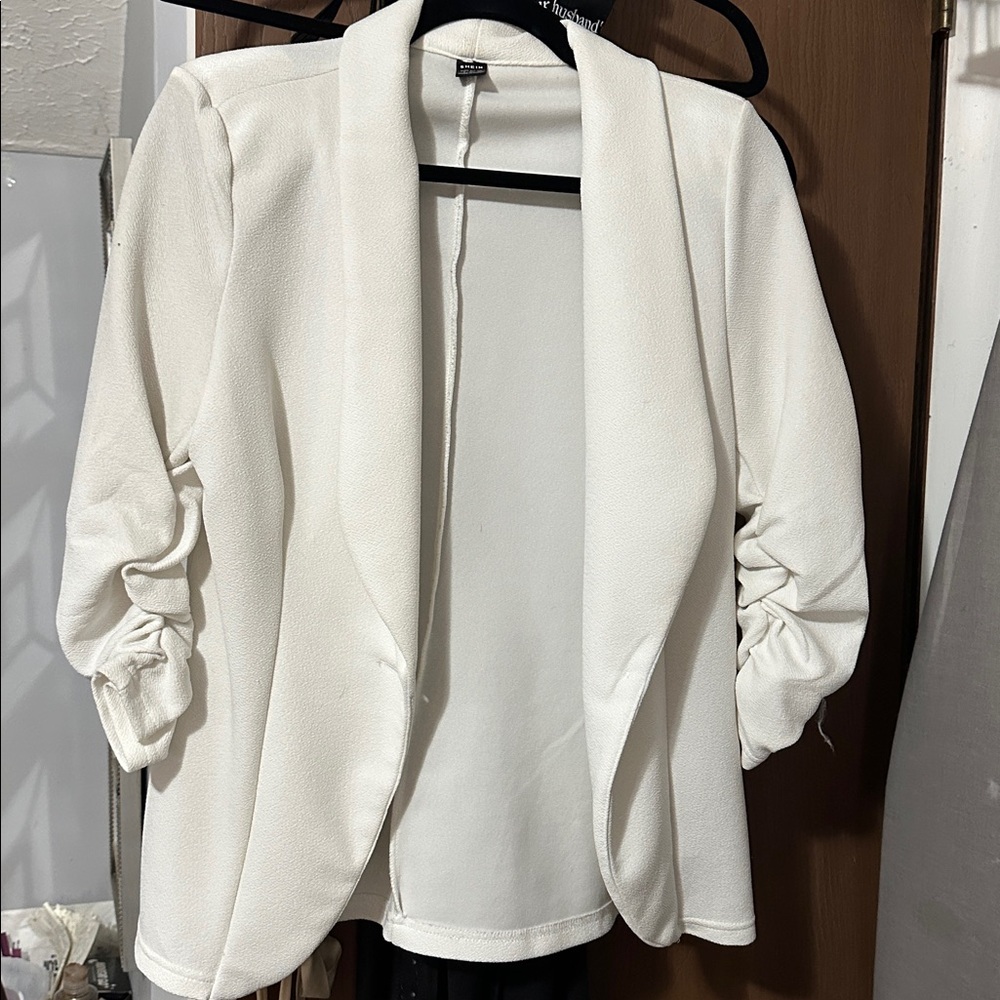White Blazer with Ruched Sleeves